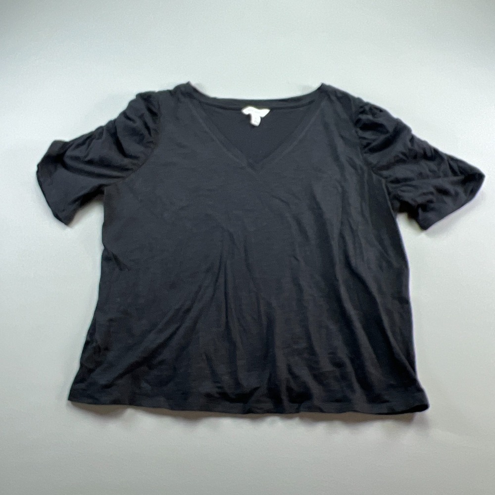 Nine West Blouse Top Womens 2XL Dull Black Cotton Lightweight Puff Sleeve V Neck - Picture 1 of 7